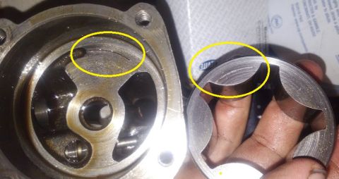 1990 Ford F-250 - the oil pump was sized. so i pulled it apart and found a bit of metal jammed it up. left a bit of a gouge where it was.