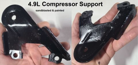 Black painted metal compressor support bracket with "4.9L Compressor Support" text above