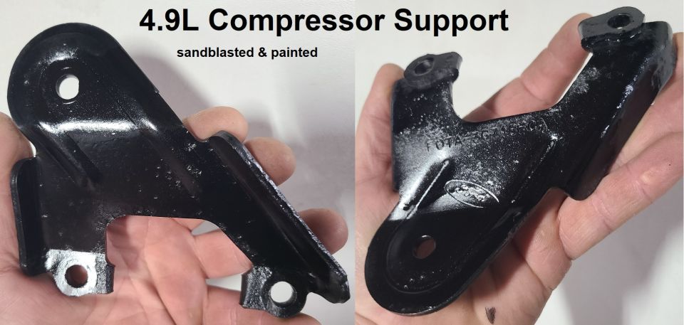 Black painted metal compressor support bracket with "4.9L Compressor Support" text above
