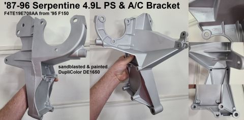 Ford serpentine power steering and A/C bracket, sandblasted and painted silver. Part number F4TE19E708AA