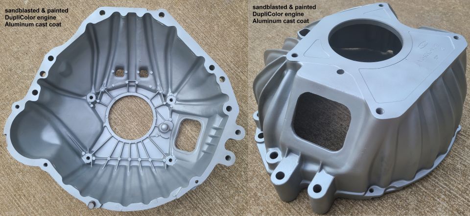 Aluminum cast engine transmission bell housing, sandblasted and painted with DupliColor engine Aluminum cast coat