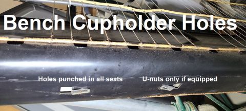 1983 Ford Bronco - Bench Seat Cupholder Holes IF THE IMAGE IS TOO SMALL, click it. All bench seat frames are punched in the front center for the U-nuts used b…