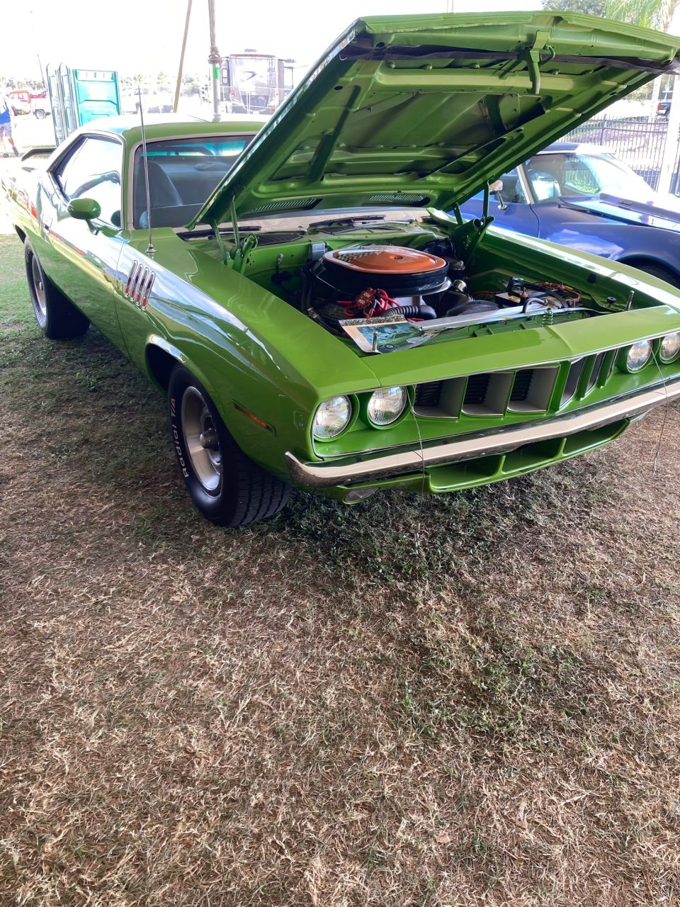 Green classic coupe with hood open, showing engine. Parked on dry grass.