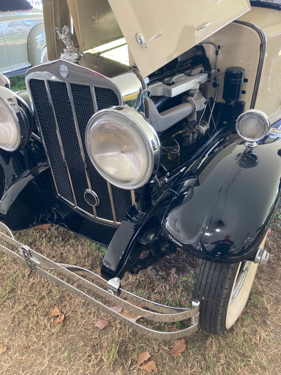 Front view of a vintage car with hood open, showing engine, chrome grille, headlights, and bumper.