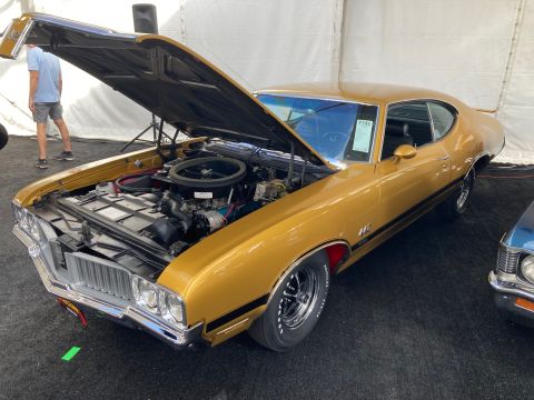 1968 Mercury Cougar - A gold 1969 Oldsmobile 442 is displayed with its hood open, revealing the engine bay.