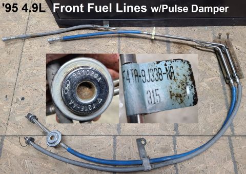 1995 Ford 4.9L front fuel lines with pulse damper and part numbers visible