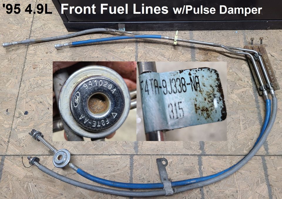 1995 Ford 4.9L front fuel lines with pulse damper and part numbers visible