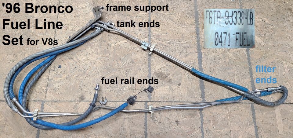 1996 Bronco fuel line set for V8s with labels for frame support, tank ends, fuel rail ends, and filter ends