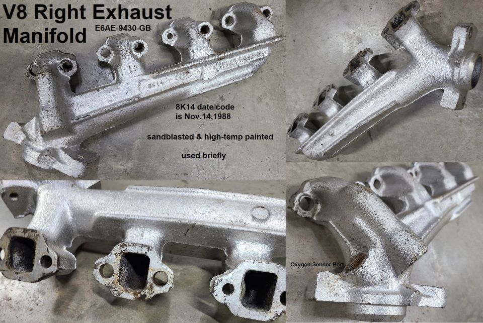 '88 V8 Right Exhaust Manifold
IF THE IMAGE IS TOO SMALL, click it.

Probably from a Crown Vic 5.0L; sandblasted & high-temp painted before brief use.