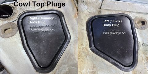 1983 Ford Bronco - Cowl Top Plugs IF THE IMAGE IS TOO SMALL, click it. The left (driver's) plug was not used until '96 (as indicated by the F6 prefix) but fit…
