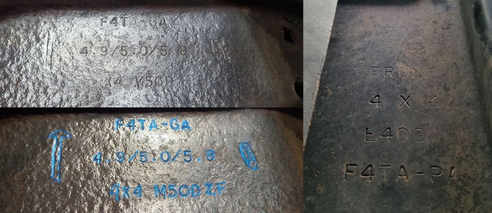 Crossmember ID
IF THE IMAGE IS TOO SMALL, click it.

Most Ford transmission crossmembers have their applications embossed. Even this severely-rusted one can be read.