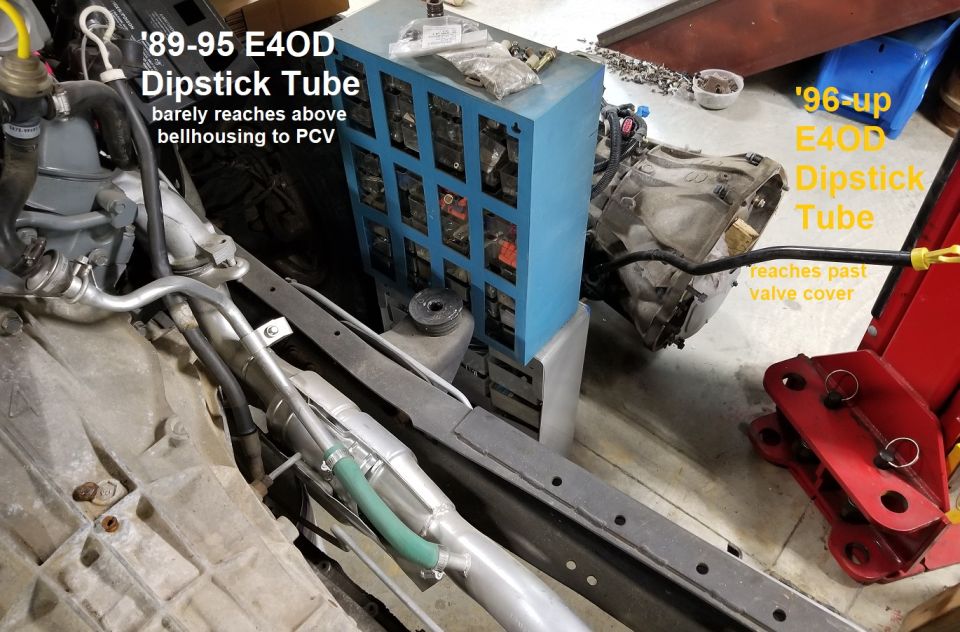 E4OD transmission dipstick tube for '89-'95 models and '96-up models