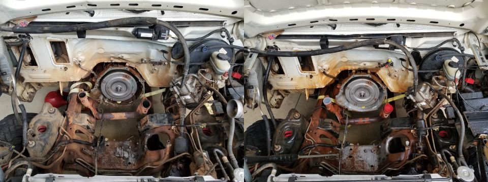 Engine Bay Cleaning
IF THE IMAGE IS TOO SMALL, click it.

Any time the engine is out (and even when it's still in), the engine bay should be thoroughly cleaned. A pressure washer makes it quicker, but isn't required.