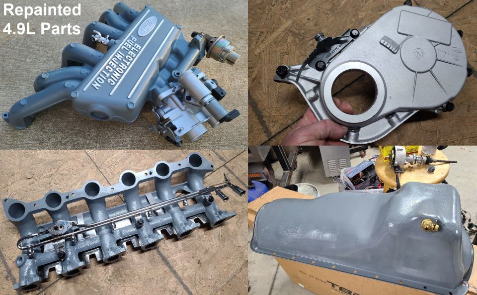 Repainted 4.9L Parts
IF THE IMAGE IS TOO SMALL, click it.

When I take parts off, I usually wash, sandblast, & repaint them factory colors more-thoroughly than the factory did using DupliColor Engine Ceramic Paints. For the debossments, I then run a belt sander over them to remove the paint, and apply clear to keep them shiny. The Ford oval on the 4.9L plenum must be protected with masking tape since it's a stamped emblem glued to the plenum & can't be belt-sanded or removed.
[url=https://www.amazon.com/dp/B001DKJSO0]New Ford Gray DE1611[/url]
[url=https://www.amazon.com/dp/B00296CJGQ]Aluminum Cast Coat DE1650[/url]
[url=https://www.amazon.com/dp/B000GKEXW0]Clear DE1636[/url]
[url=https://www.amazon.com/dp/B000GKEXVQ]SemiGloss Black DE1635[/url]
[url=https://www.amazon.com/dp/B000B68V90]Gloss Black DE1613[/url]