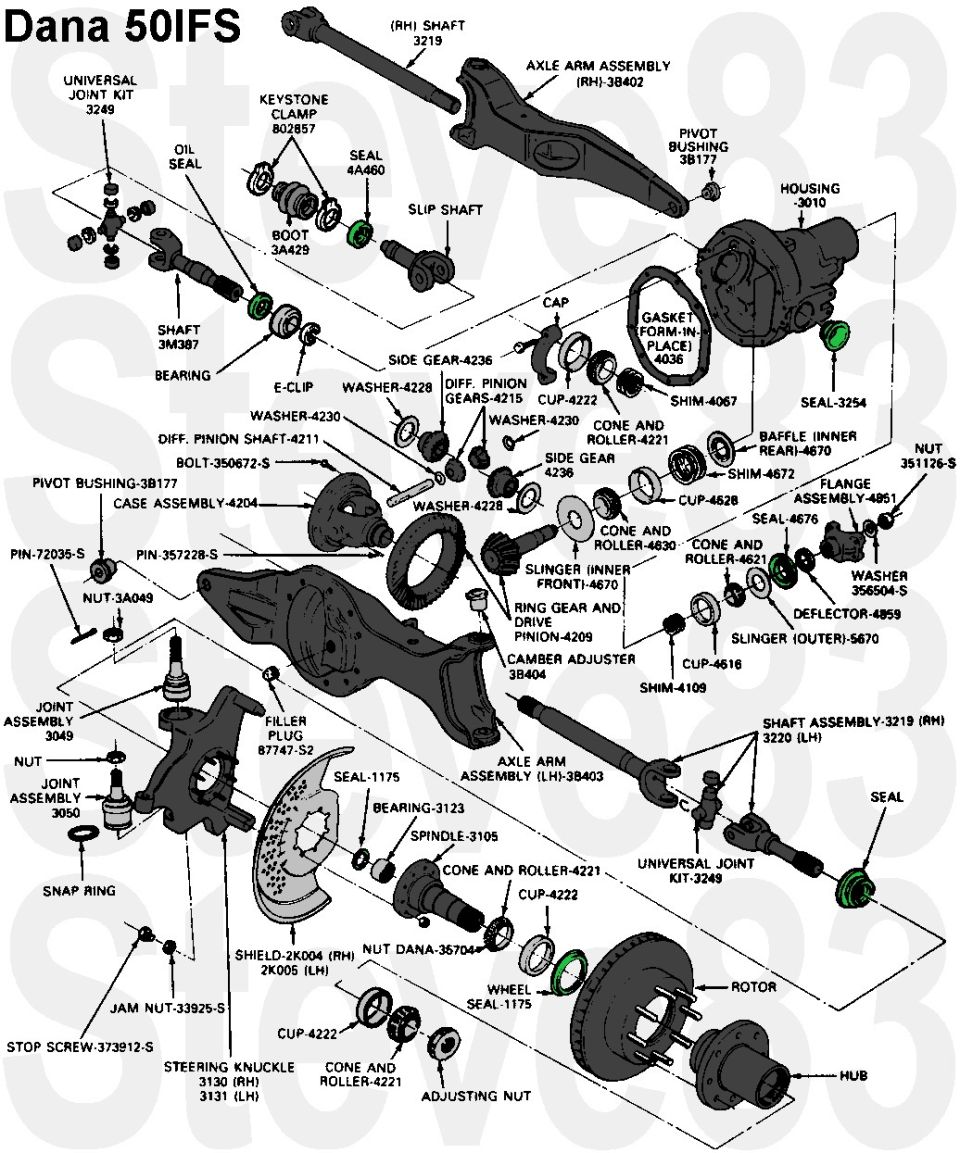 Dana 50 IFS front axle exploded parts diagram with labeled components and part numbers