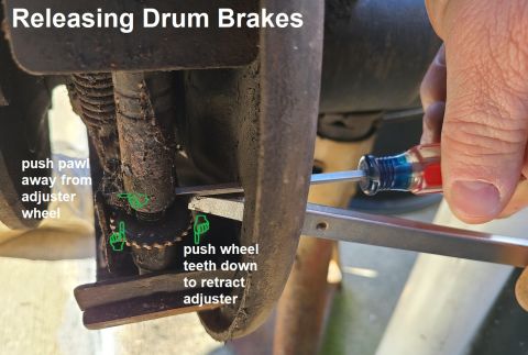 1983 Ford Bronco - How to release drum brakes (drum removed for clarity) if the drum cannot be slipped off. IF THE IMAGE IS TOO SMALL, click it. Use a screwdr…