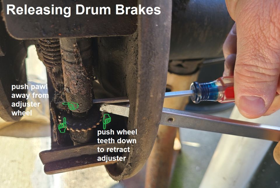 How to release drum brakes (drum removed for clarity) if the drum cannot be slipped off.
IF THE IMAGE IS TOO SMALL, click it.

Use a screwdriver or other tool to hold the pawl off the adjuster teeth, while using another to spin the wheel down (1/2-ton FS trucks; other vehicles may spin the other way).