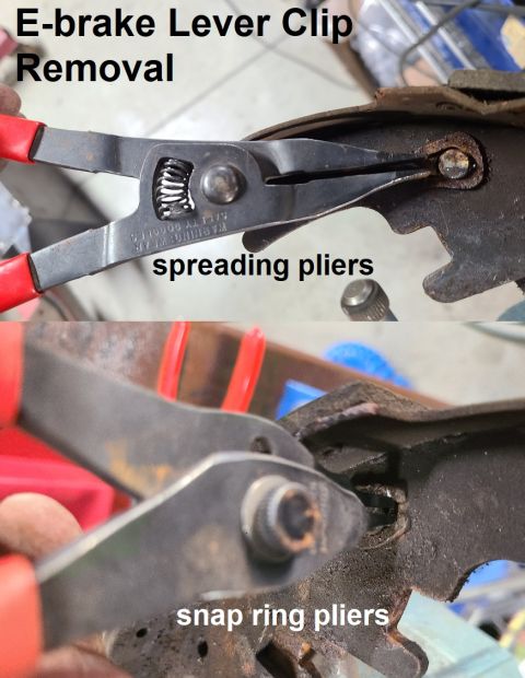 1983 Ford Bronco - Park Brake Lever Clip Removal IF THE IMAGE IS TOO SMALL, click it. Either style of spreading pliers will work, if its tips are small enough…