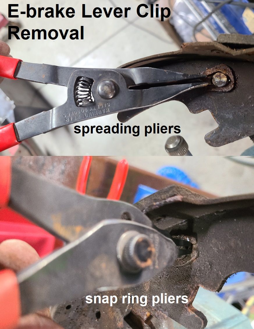 E-brake lever clip removal using spreading pliers and snap ring pliers on a brake caliper part