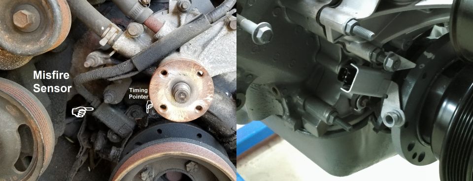 '96-only Misfire Sensor F6TZ6C365GE ([url=https://www.amazon.com/dp/B0BNP3QQCM]chy-neez copy[/url])
V8 bracket/timing pointer/shield is F6TZ 6C350 AA
IF THE IMAGE IS TOO SMALL, click it.

This sensor is not used for engine management, ignition, or as a crank position sensor (CPS). It is ONLY used to monitor catalyst-damaging misfires. The engine will run perfectly without it.