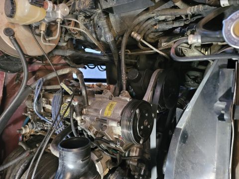 1996 Ford Bronco - This is a close-up, angled view of the engine bay of a 1996 Ford Bronco, focusing on the air conditioning compressor and serpentine belt sy…