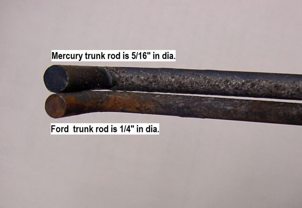 Showing the difference between the Ford Trunk bars and the Mercury ones.  The Mercury is heavier and larger diameter bar.  I thought that the '69 Ford Galaxie would probably work, so ordered them from CTC AutoRanch in Texas.  So now I have a spare weaker set.