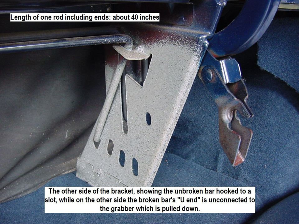 Close-up of a metal bracket with a rod mechanism, showing a broken U-end