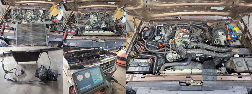 Engine bay of a vehicle with hood open, radiator removed, and AC compressor and lines laid out. A diagnostic machine is also visible