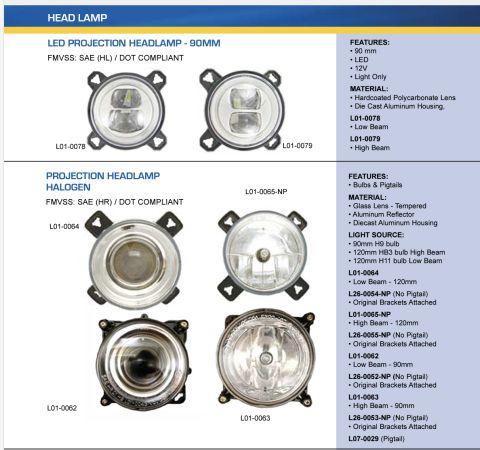 2015 Ford F-550 - Catalog page for LED and halogen projection headlamps listing features, materials and part numbers