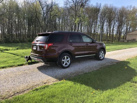 2016 Ford Explorer - Maroon SUV parked on a gravel driveway with a dog present. Body style indicates a 2011-2019 Ford Explorer.