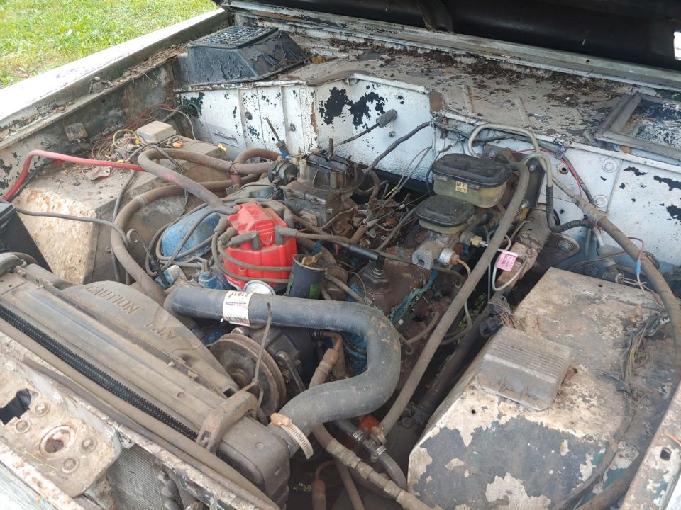 Engine bay of a white vehicle with a V8 engine, carburetor, and red distributor cap