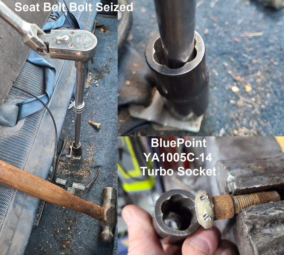 Seized Seat Belt Bolt in a '95 F150 XLT
IF THE IMAGE IS TOO SMALL, click it.

After breaking 2 impact-rated T50 bits, I realized this bolt needed more encouragement. So I hammered on this spiral extractor, and it finally broke loose.