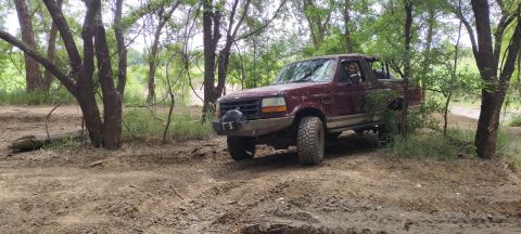 1996 Ford Bronco - A maroon 1996 Ford Bronco navigates a wooded off-road park.