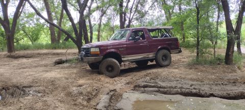 1996 Ford Bronco - This 1996 Ford Bronco navigates a challenging muddy course surrounded by trees.
