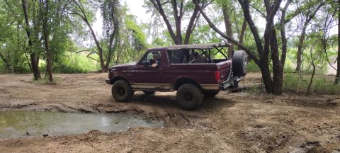 1996 Ford Bronco - 1996 Ford Bronco navigating an off-road trail with trees and mud.
