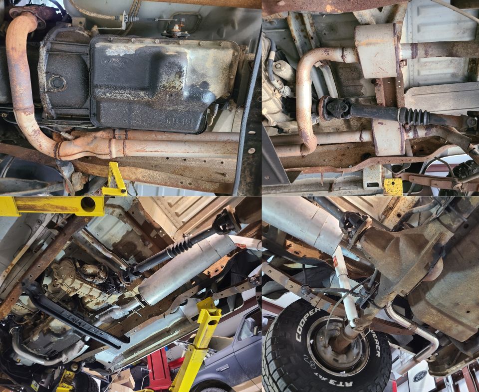 Underside view of a pickup truck showing transmission, exhaust, driveshaft, and rear axle. Cooper tires visible