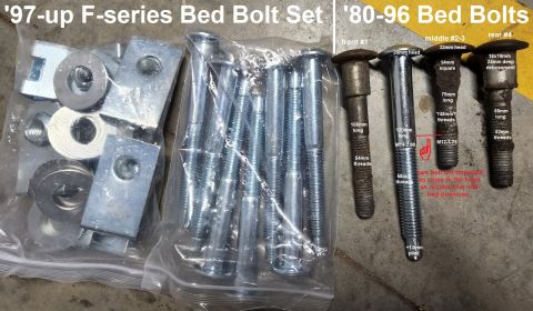 1983 Ford Bronco - F-series Bed Bolts IF THE IMAGE IS TOO SMALL, click it. New-style bed bolts (M14x2.00) can be used to replace obsolete older-style bolts (M…
