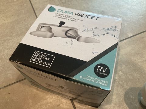 2015 Ford F-550 - Box for a Dura Faucet RV shower faucet with diverter, model DF-SA100LH-SN in brushed satin nickel.