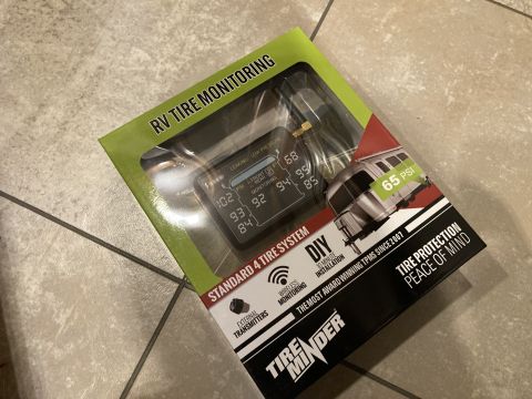 2015 Ford F-550 - Packaging for a Tire Minder RV Tire Pressure Monitoring System, includes display and transmitters.