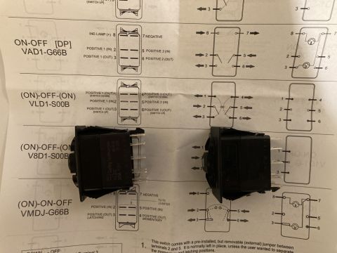2015 Ford F-550 - Switch terminal wiring chart pairing rocker-switch part numbers with their circuit and terminal diagrams
