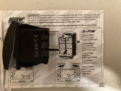 2015 Ford F-550 - STV Motorsports illuminated 5-pin rocker switch (20A @12V) with wiring diagram: PIN8/7 ground for lights, PIN6 ignition keyed power, PIN3 t…