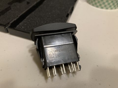 2015 Ford F-550 - Close-up of a Carling Technologies VLD2 switch, rated for 20A 12V.
