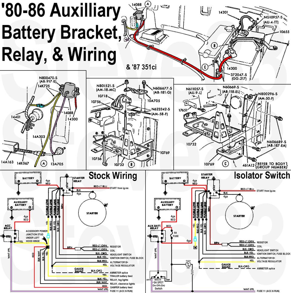 Ford 1980-86 auxiliary battery bracket relay and wiring diagram with part numbers