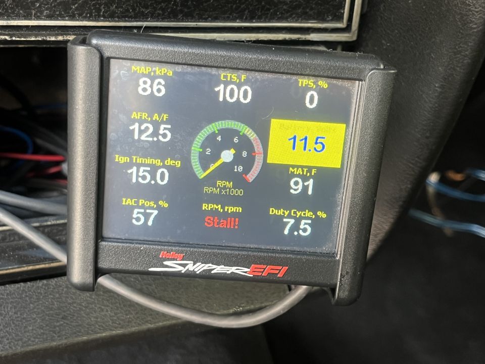 Holley Sniper EFI gauge showing MAP, CTS, TPS, AFR, RPM, MAT, and Duty Cycle