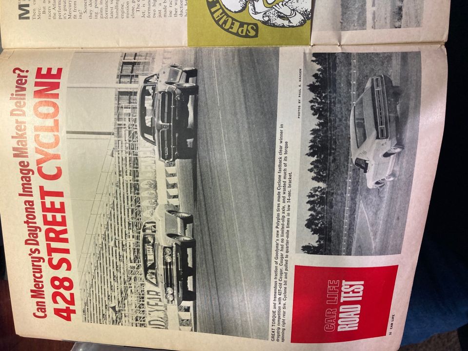 Magazine road-test page titled 428 Street Cyclone with photos of a Mercury Cyclone