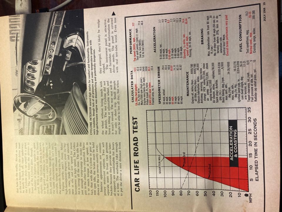 Car Life road-test magazine page with performance data and acceleration-time graph