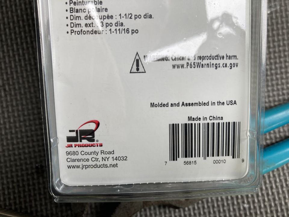 Product packaging for JR Products showing address and website, with a California Proposition 65 warning