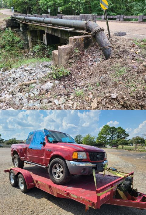 2003 Ford Ranger - Instead of crossing the bridge & going around the curve, the truck came to rest on its side on the rocks, a few feet from the water's edge.…