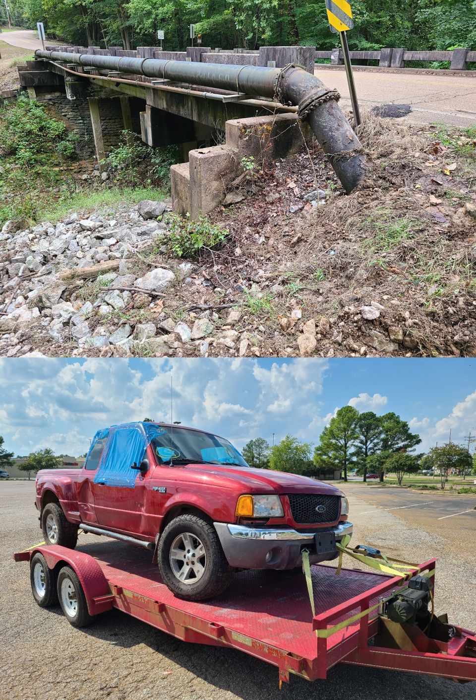 Instead of crossing the bridge & going around the curve, the truck came to rest on its side on the rocks, a few feet from the water's edge. The driver's doors hit the black pipe after the truck had flipped in the air. It's amazing that neither occupant had serious injuries. The driver who caused it by swinging wide from a blind corner into their lane drove away, but returned after calling his mother.
