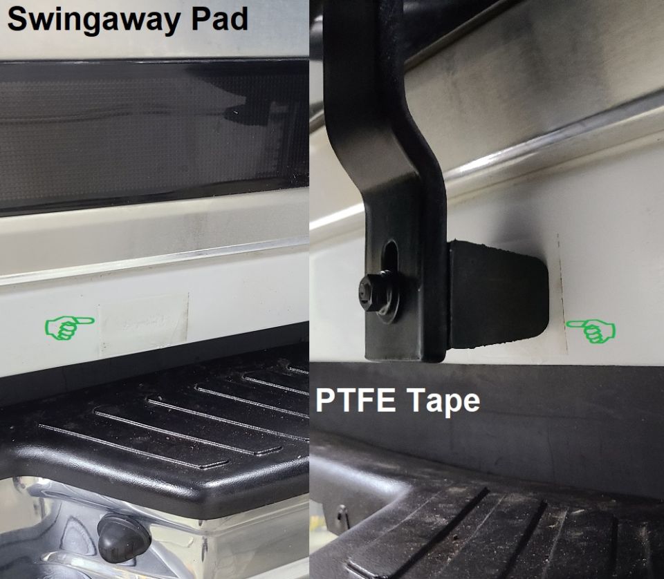 Swingaway Pad
IF THE IMAGE IS TOO SMALL, click it.

The factory paint-protector pad is self-adhesive vinyl, with 2 pushpins in most '92-up tailgates to keep it from sliding when the swingaway bounces. Since it's not available, and I don't like putting more holes in the tailgate, I'm replacing it with UHMWPE tape which should remain slick enough not to need the pushpins.